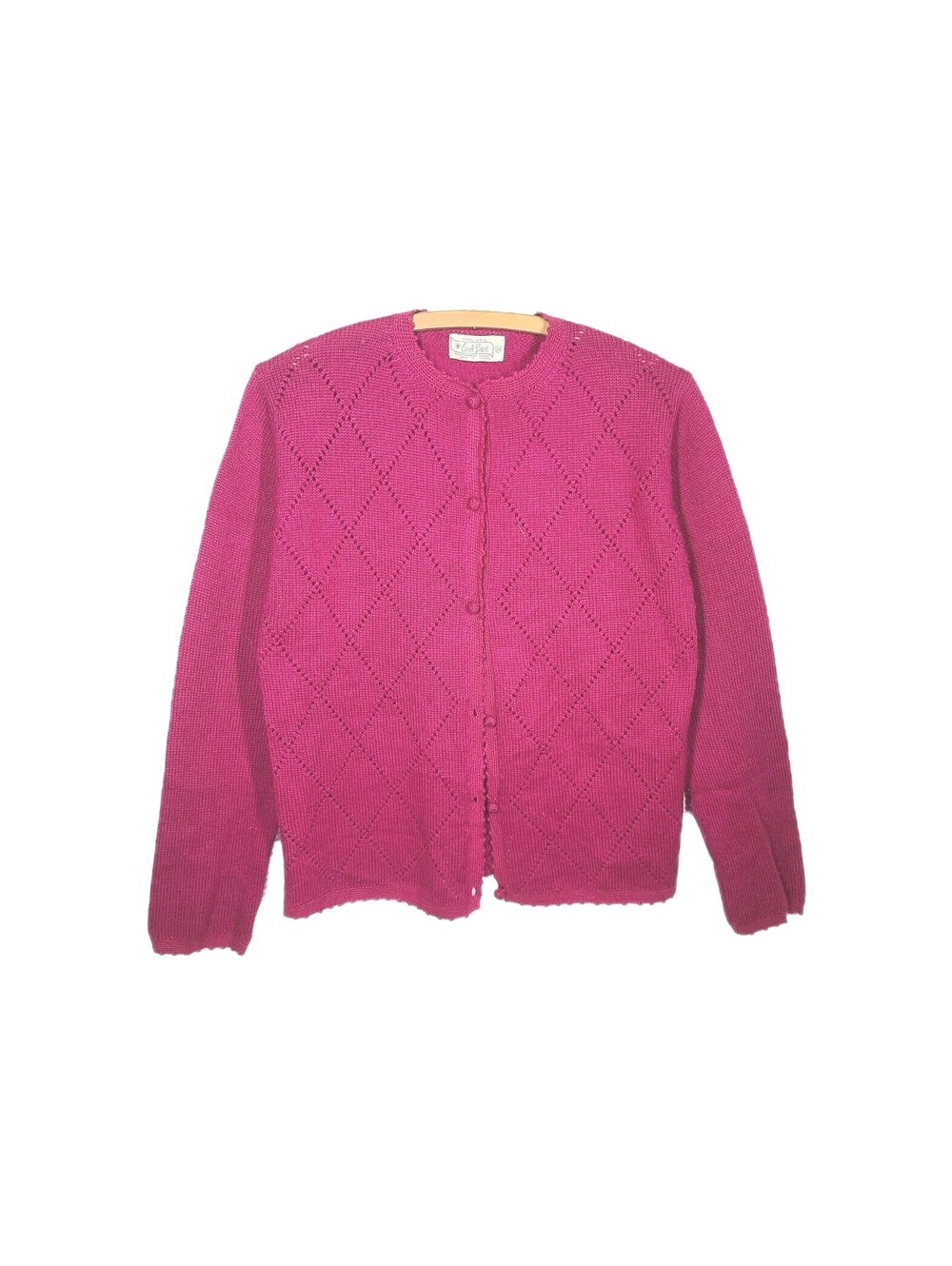 Vtg 60s Magenta Cardigan Sweater 100% Wool Crochet Buttons S M Carol Brent Pink